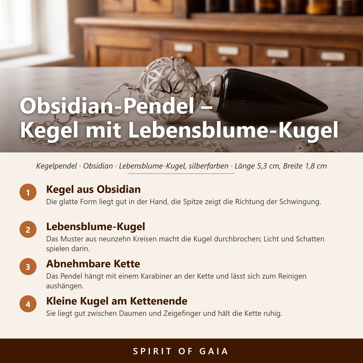 Übersicht zum Obsidian-Pendel: Kegel aus Obsidian, Lebensblume-Kugel, Abnehmbare Kette, Kleine Kugel am Kettenende