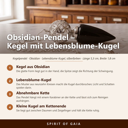 Übersicht zum Obsidian-Pendel: Kegel aus Obsidian, Lebensblume-Kugel, Abnehmbare Kette, Kleine Kugel am Kettenende