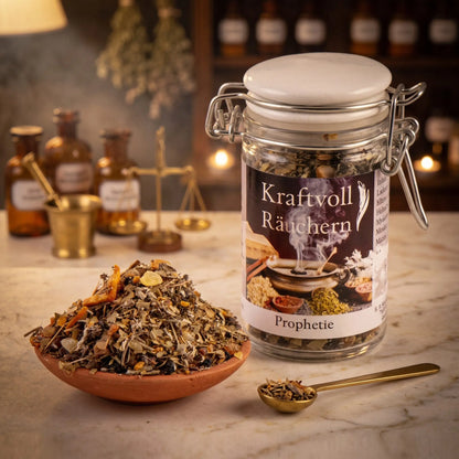 Prophetie, Räuchermischung der Reihe Kraftvoll Räuchern von Berk, 60 ml im Bügelglas: Glas auf der Marmortheke einer alten Apotheke am Abend, davor eine Terracottaschale mit der losen Mischung und ein Messinglöffel – Spirit of Gaia