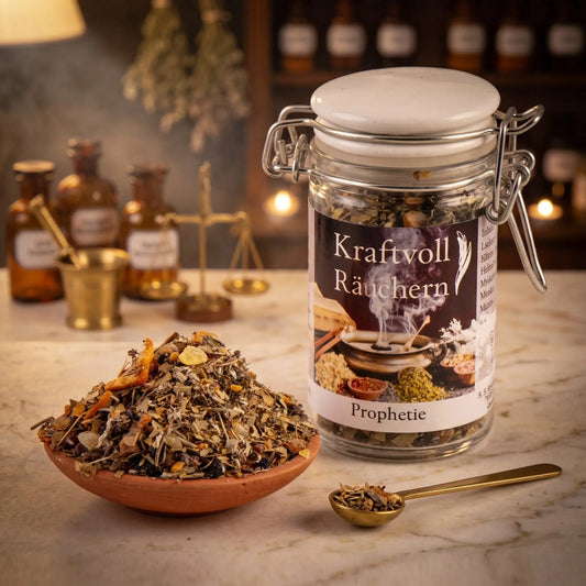 Prophetie, Räuchermischung der Reihe Kraftvoll Räuchern von Berk, 60 ml im Bügelglas: Glas auf der Marmortheke einer alten Apotheke am Abend, davor eine Terracottaschale mit der losen Mischung und ein Messinglöffel – Spirit of Gaia
