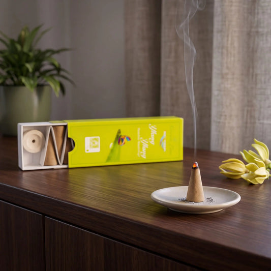 Ylang Ylang Räucherkegel naturrein, Holy Smokes Green Line: glimmender Räucherkegel mit feinem Rauch auf einem Keramiktellerchen, dahinter die geöffnete Packung, auf einem Sideboard am Abend