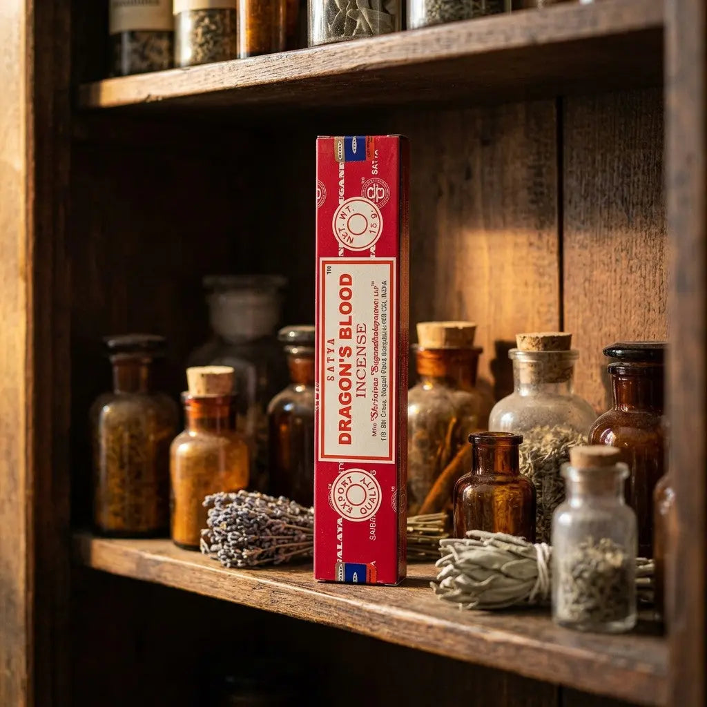 Satya Dragon's Blood Räucherstäbchen – im Apothekerschrank mit getrockneten Kräutern