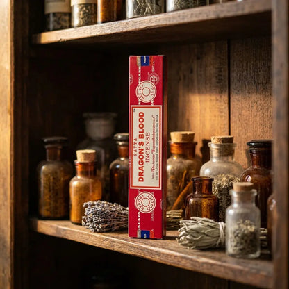 Satya Dragon's Blood Räucherstäbchen – im Apothekerschrank mit getrockneten Kräutern