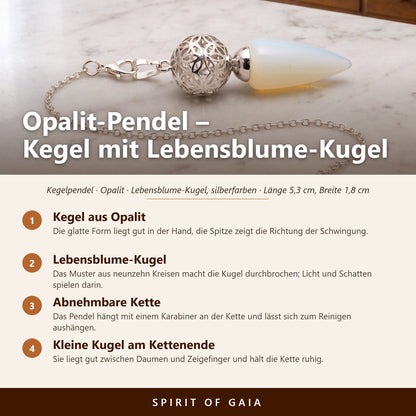 Übersicht zum Opalit-Pendel: Kegel aus Opalit, Lebensblume-Kugel, Abnehmbare Kette, Kleine Kugel am Kettenende