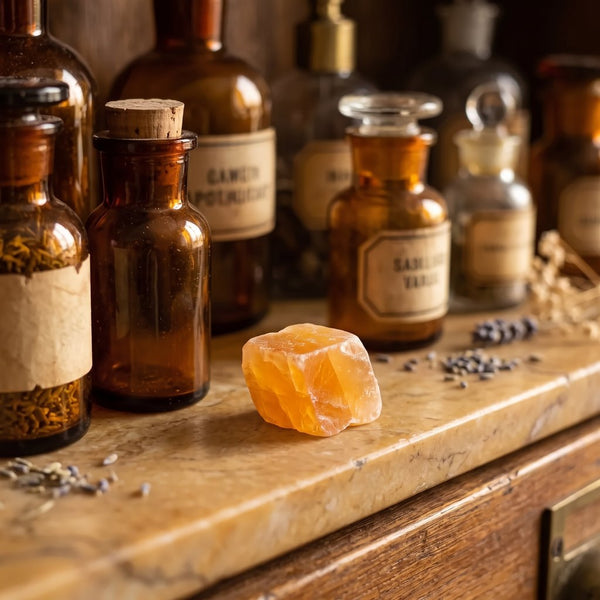 Orangencalcit als durchscheinender orangefarbener Rohstein auf dem Marmorbrett eines Apothekerschranks