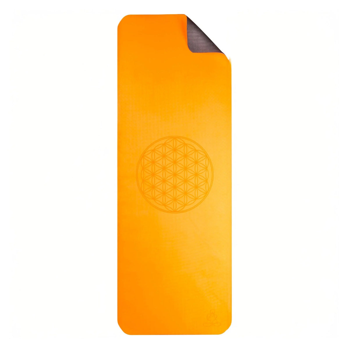 EcoBalance Yogamatte aus TPE, 182 × 61 cm, 6 mm, Blume des Lebens, orange/grau: Draufsicht auf die flache Matte mit umgeschlagener Ecke, freigestellt auf Weiß