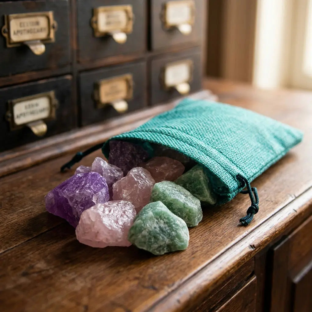 Türkises Jutesäckchen der Wassersteine Entspannung schräg von der Seite mit Amethyst, Rosenquarz und Aventurin – Spirit of Gaia