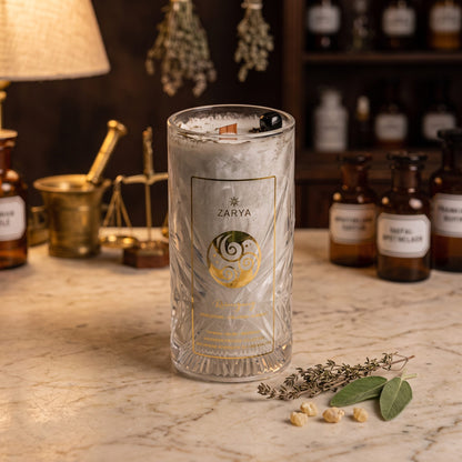 Zarya Kerze Reinigung im hohen Glas mit Schliffmuster und goldenem Etikett auf der Marmortheke einer Apotheke am Abend, daneben Thymian, Salbei und Weihrauchkörner
