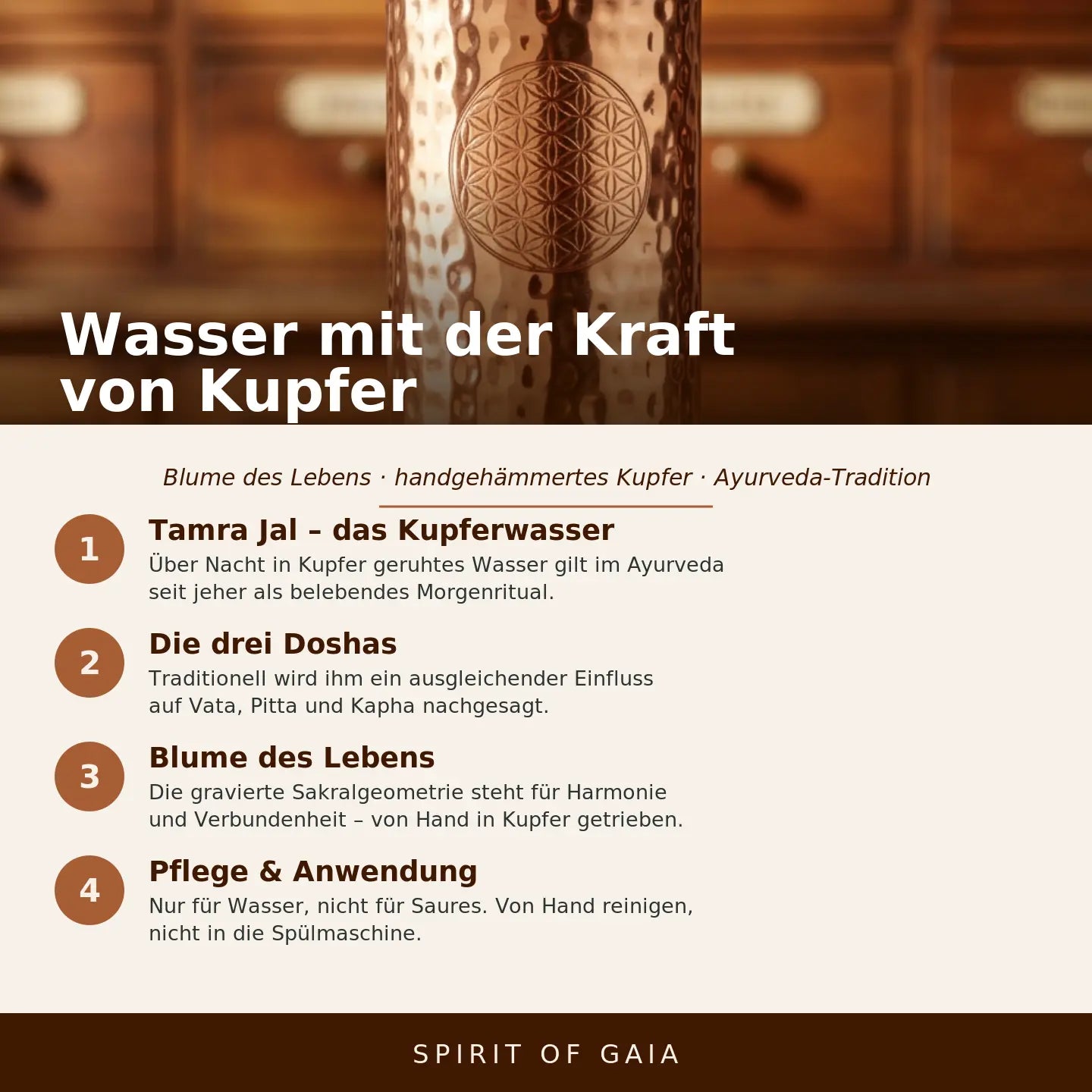 Infografik: Wasser mit der Kraft von Kupfer – Blume des Lebens, Spirit of Gaia