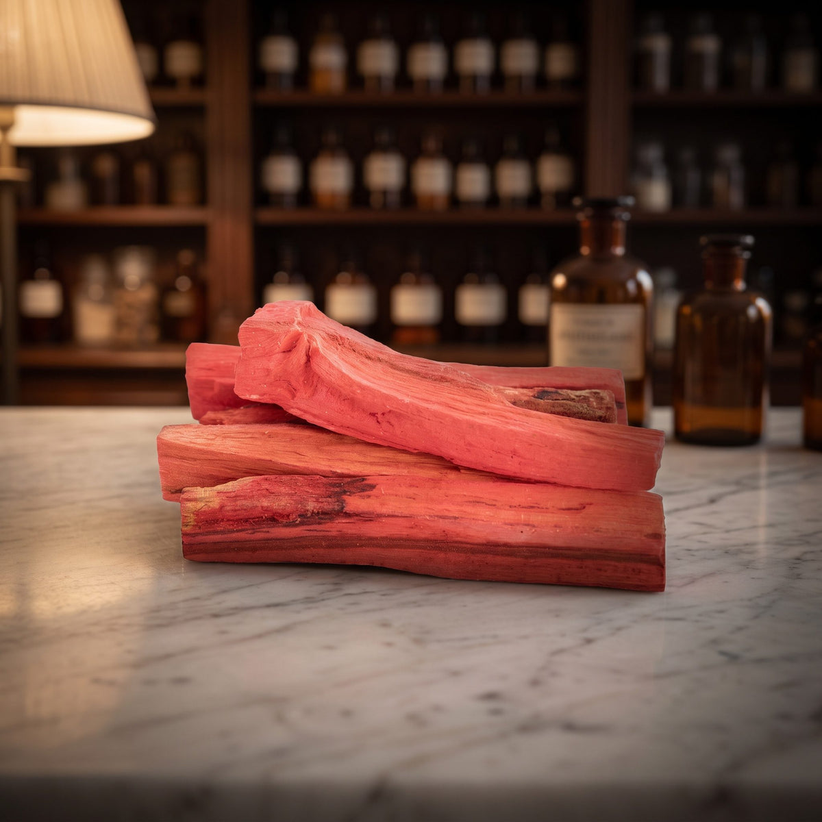 Fünf rot überzogene Palo-Santo-Stäbe auf der Marmortheke einer Apotheke am Abend
