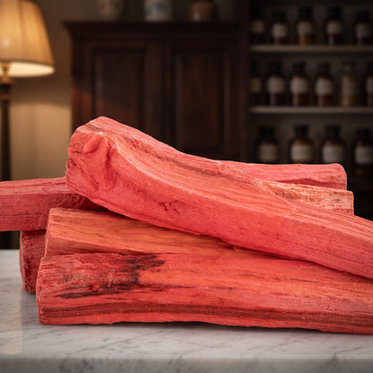 Nahaufnahme: Holzmaserung und roter Drachenblut-Überzug