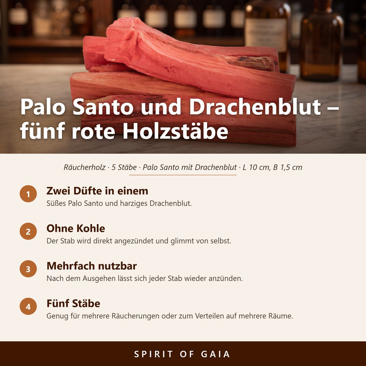 Übersicht zu Palo Santo und Drachenblut: Zwei Düfte in einem, Ohne Kohle, Mehrfach nutzbar, Fünf Stäbe
