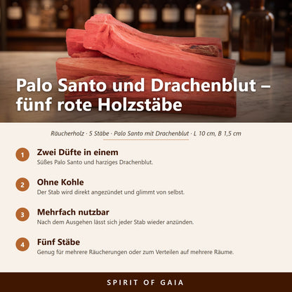 Übersicht zu Palo Santo und Drachenblut: Zwei Düfte in einem, Ohne Kohle, Mehrfach nutzbar, Fünf Stäbe
