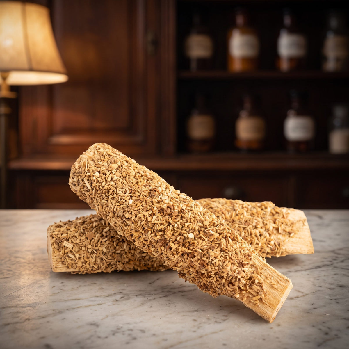 Nahaufnahme der beiden Palo-Santo-Stäbe mit hellbraunem Kräuterüberzug und dem blanken hellen Holzende