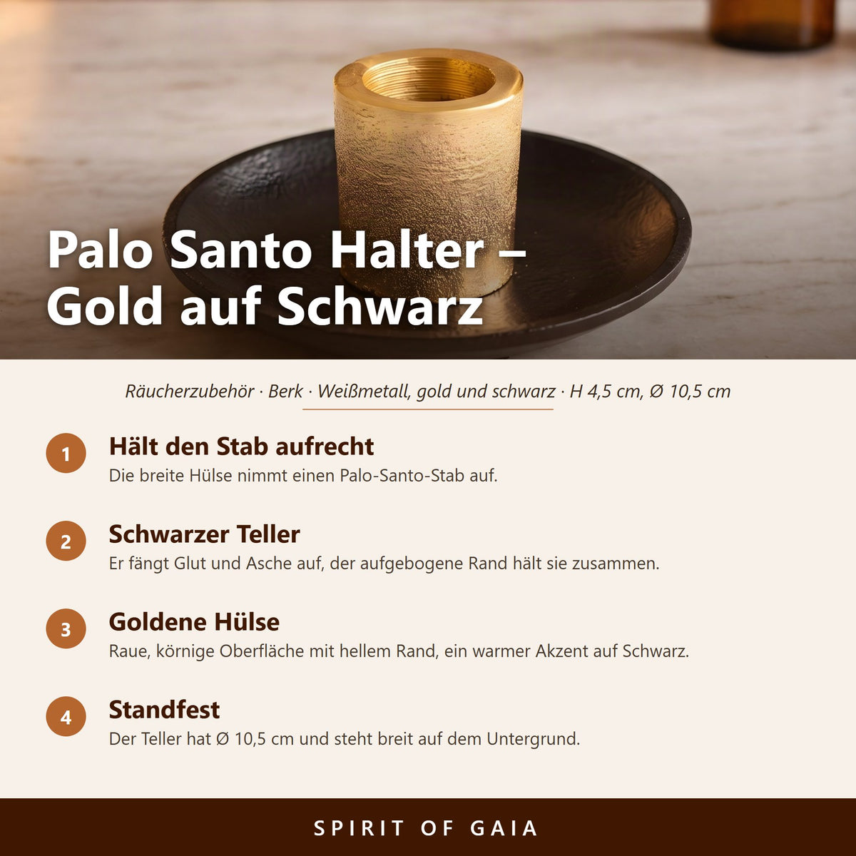 Übersicht zu Palo Santo Halter Gold-Schwarz: Hält den Stab aufrecht, Schwarzer Teller, Goldene Hülse, Standfest
