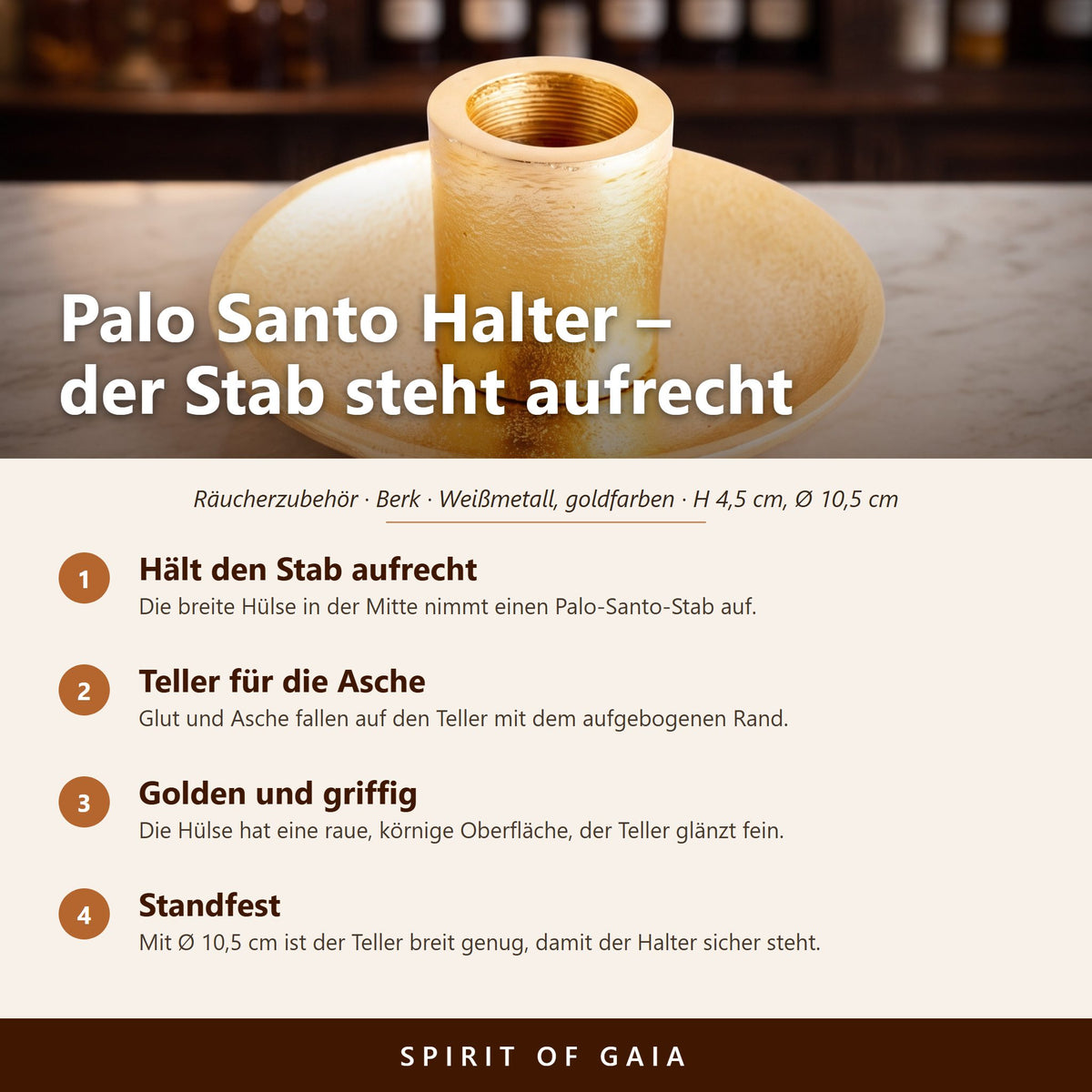 Übersicht zu Palo Santo Halter goldfarben: Hält den Stab aufrecht, Teller für die Asche, Golden und griffig, Standfest