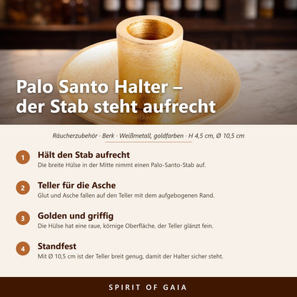 Übersicht zu Palo Santo Halter goldfarben: Hält den Stab aufrecht, Teller für die Asche, Golden und griffig, Standfest