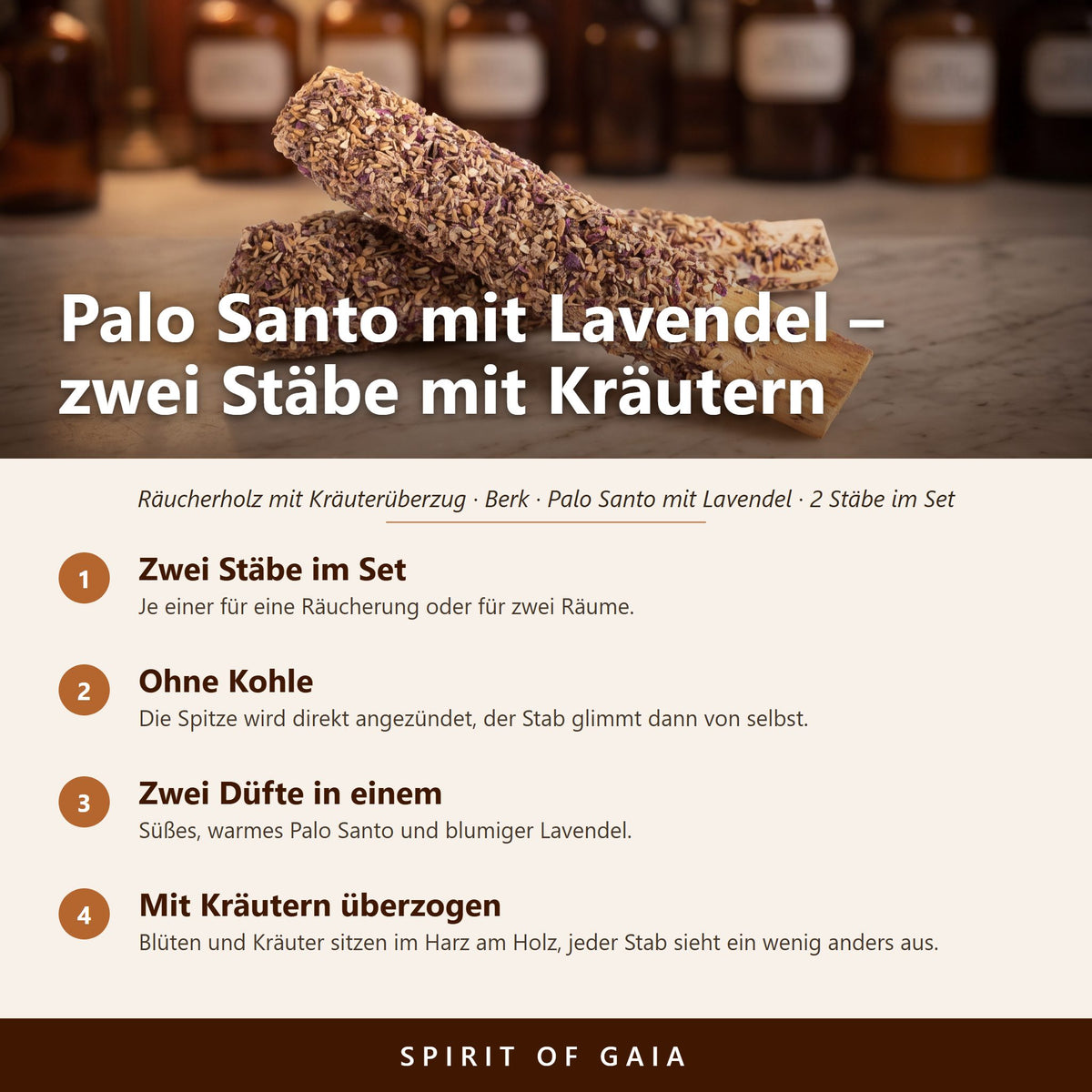Übersicht zu Palo Santo mit Lavendel: Zwei Stäbe im Set, Ohne Kohle, Zwei Düfte in einem, Mit Kräutern überzogen