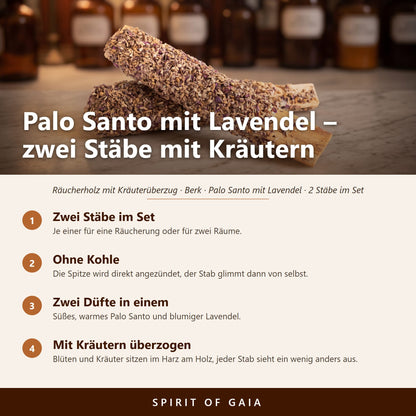Übersicht zu Palo Santo mit Lavendel: Zwei Stäbe im Set, Ohne Kohle, Zwei Düfte in einem, Mit Kräutern überzogen