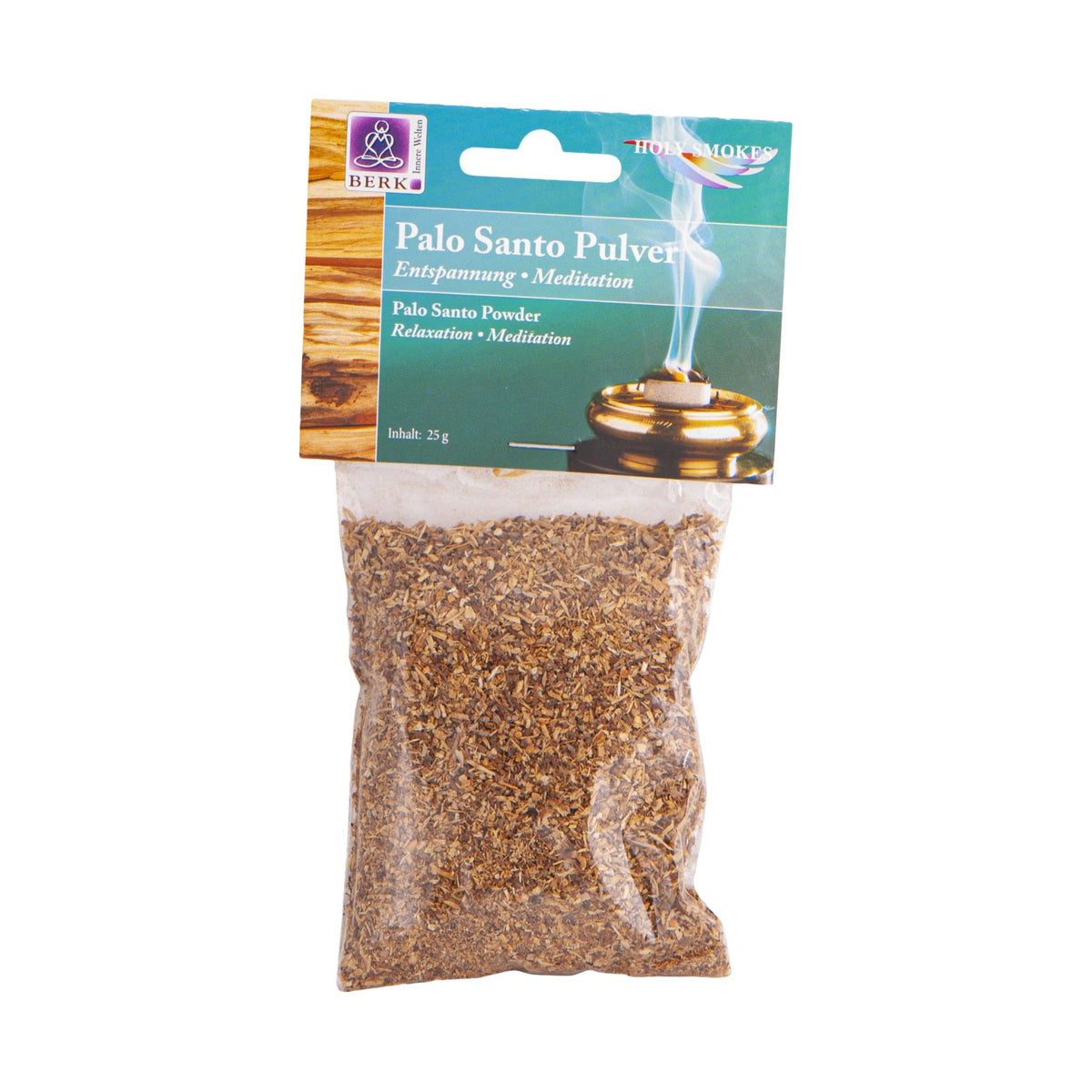 Palo Santo Pulver fein 25 g, Tüte mit Aufhängekarte, freigestellt auf weißem Grund