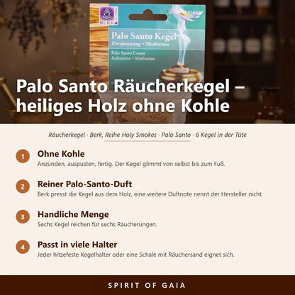 Übersicht zu Palo Santo Räucherkegel, 6 Stück: Ohne Kohle, Reiner Palo-Santo-Duft, Handliche Menge, Passt in viele Halter