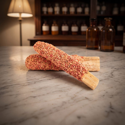 Palo Santo mit Rose von Berk: zwei mit Rosenblüten überzogene Holzstäbe liegen gekreuzt auf der Marmortheke einer Apotheke am Abend