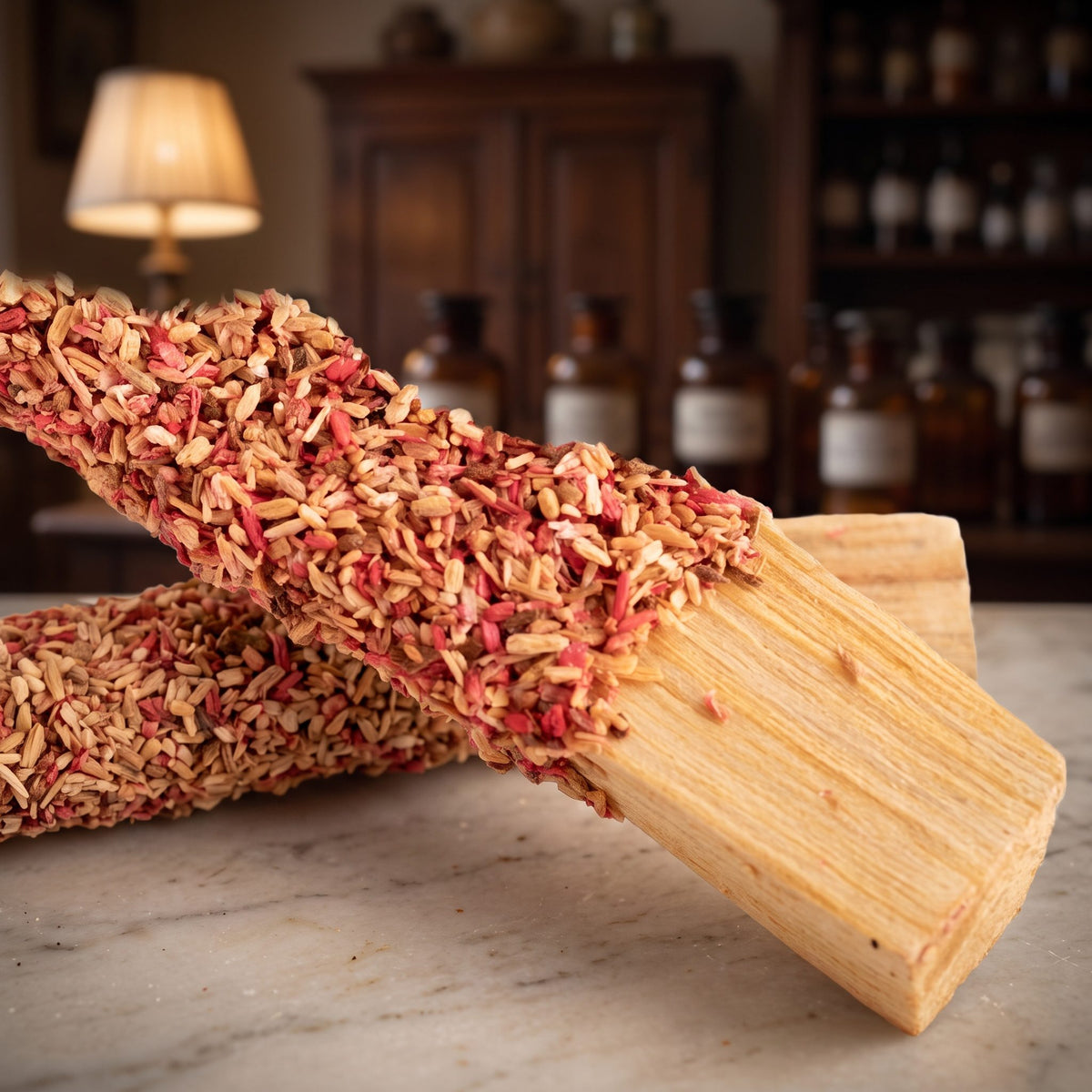 Nahaufnahme der beiden Palo-Santo-Stäbe mit Überzug aus Holzspänen und rosaroten Blütenstückchen und dem blanken hellen Holzende