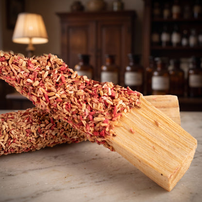 Nahaufnahme der beiden Palo-Santo-Stäbe mit Überzug aus Holzspänen und rosaroten Blütenstückchen und dem blanken hellen Holzende