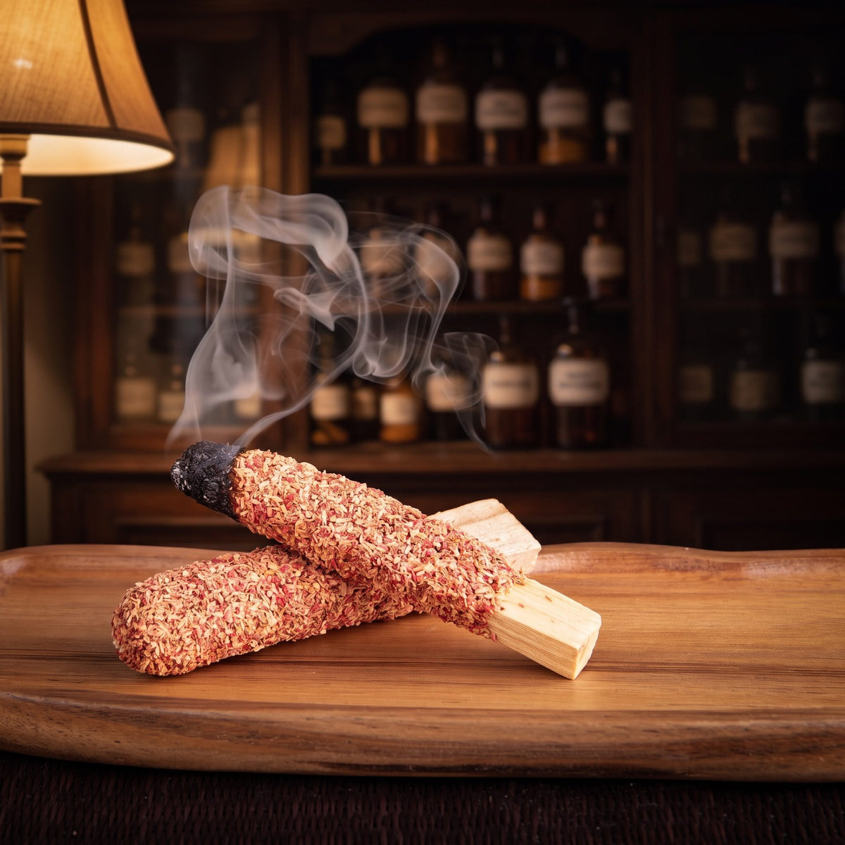 Ein Palo-Santo-Stab mit Rose glimmt an der geschwärzten Spitze, feiner Rauch steigt auf, der zweite Stab liegt daneben auf einer Holzschale