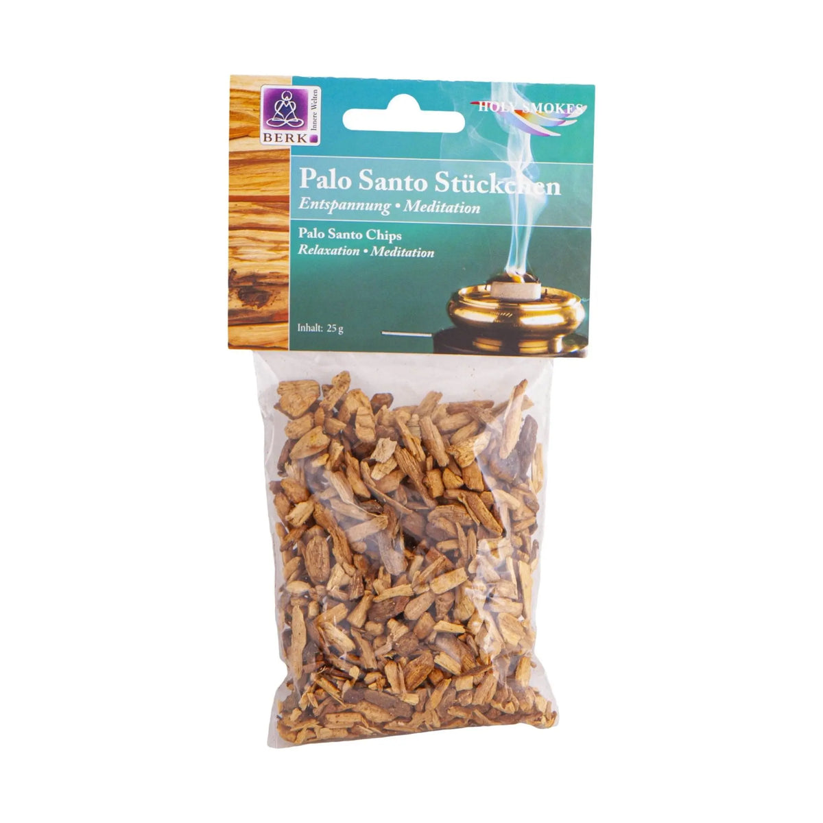Palo Santo Stückchen, 25 g, Tüte mit Aufhängekarte freigestellt auf weißem Grund