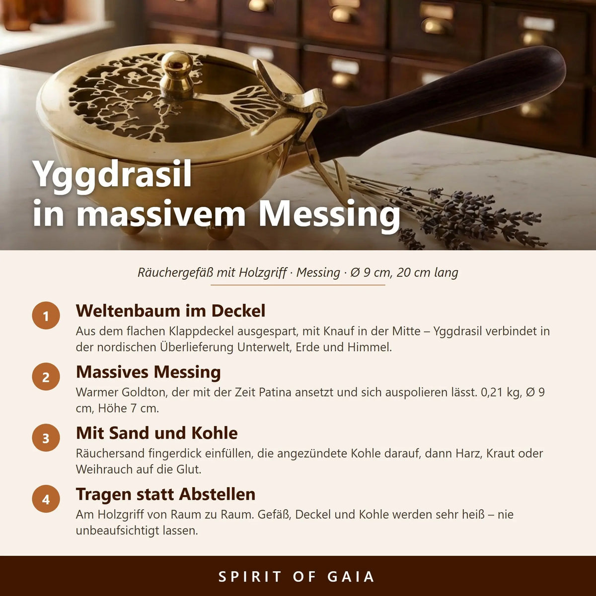 Infografik zum Weltenbaum-Motiv, Messing und Patina, der Anwendung mit Räuchersand und Kohle und zum Tragen am Holzgriff
