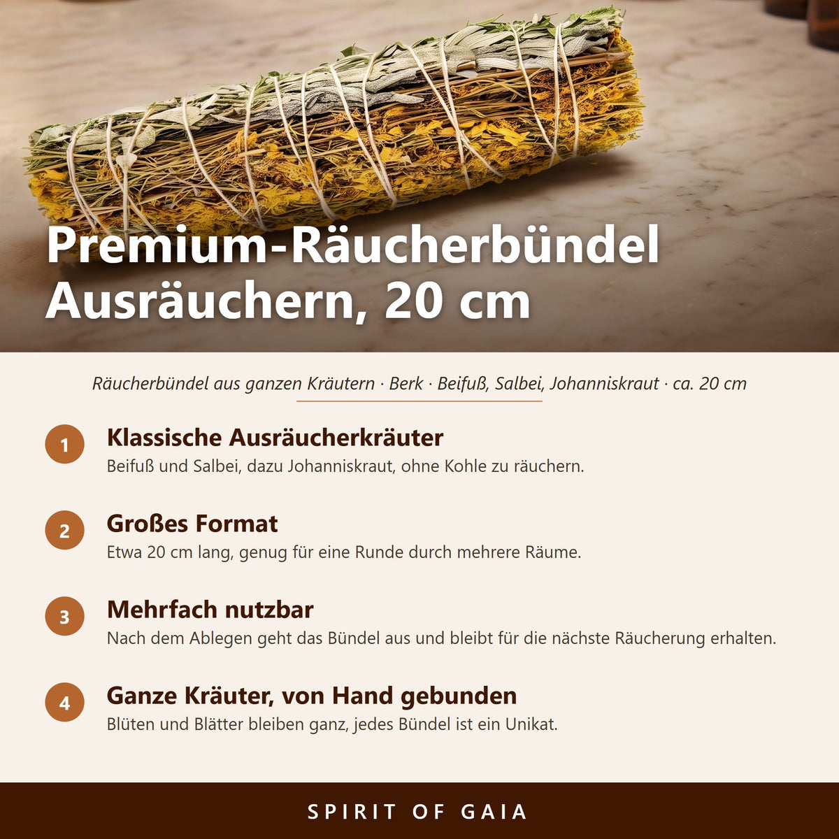 Übersicht zu Premium-Räucherbündel Ausräuchern, 20 cm: Klassische Ausräucherkräuter, Großes Format, Mehrfach nutzbar, Ganze Kräuter, von Hand gebunden