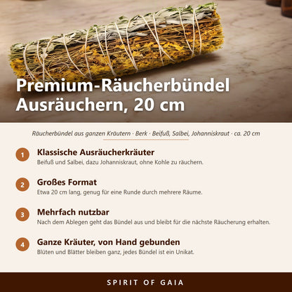 Übersicht zu Premium-Räucherbündel Ausräuchern, 20 cm: Klassische Ausräucherkräuter, Großes Format, Mehrfach nutzbar, Ganze Kräuter, von Hand gebunden
