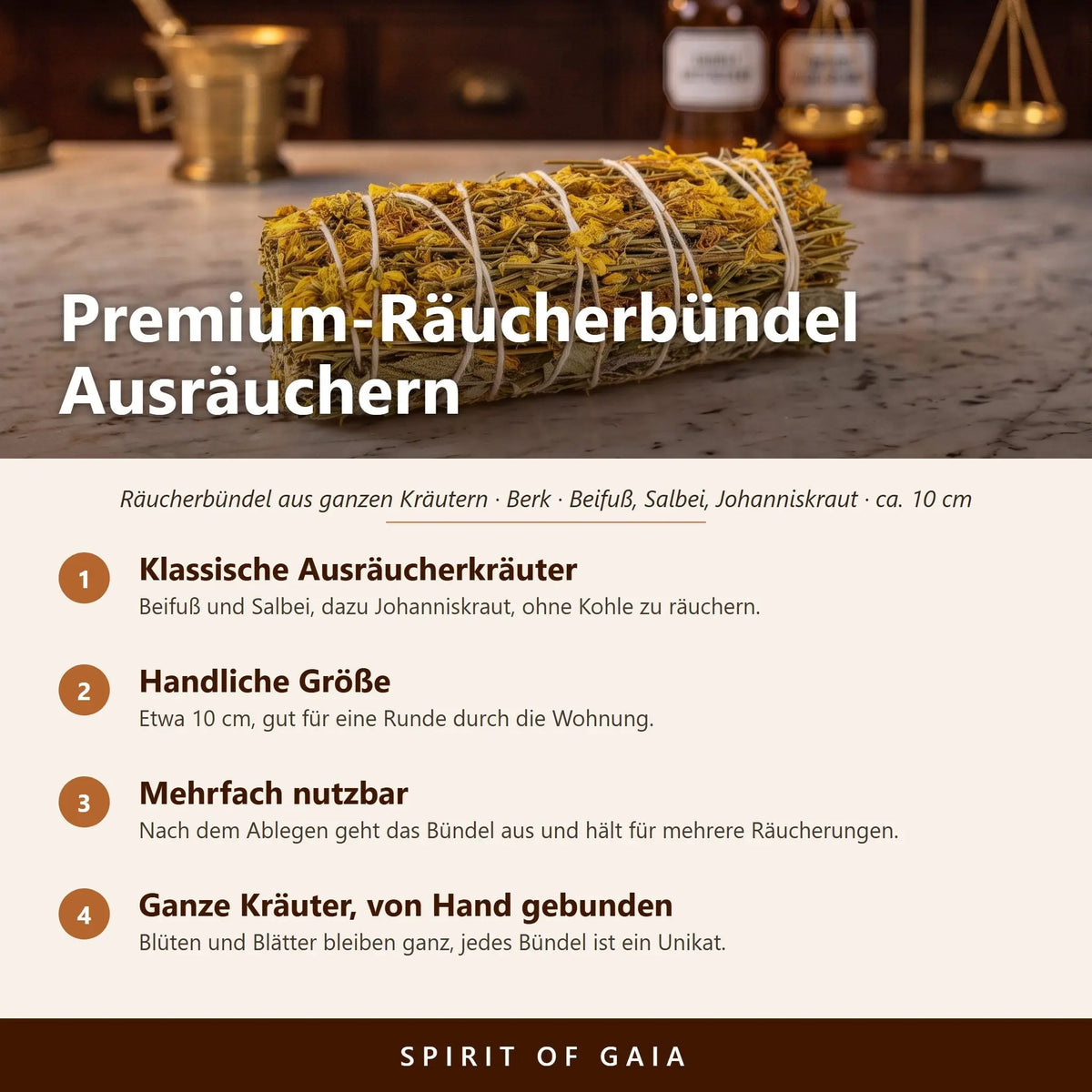Übersicht zum Premium-Räucherbündel Ausräuchern: Klassische Ausräucherkräuter, Handliche Größe, Mehrfach nutzbar, Ganze Kräuter, von Hand gebunden
