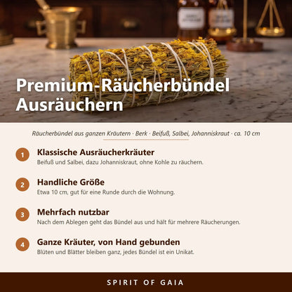 Übersicht zum Premium-Räucherbündel Ausräuchern: Klassische Ausräucherkräuter, Handliche Größe, Mehrfach nutzbar, Ganze Kräuter, von Hand gebunden