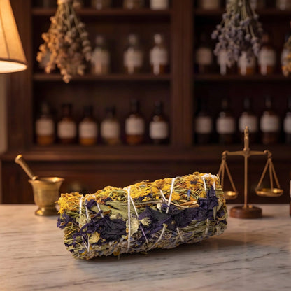 Premium-Räucherbündel Innere Ruhe von Berk liegt auf der Marmortheke einer Apotheke am Abend, Johanniskraut, Malve und Lavendel mit hellem Garn