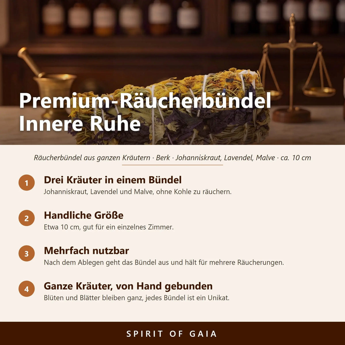 Übersicht zu Premium-Räucherbündel Innere Ruhe: Drei Kräuter in einem Bündel, Handliche Größe, Mehrfach nutzbar, Ganze Kräuter, von Hand gebunden