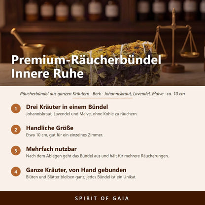 Übersicht zu Premium-Räucherbündel Innere Ruhe: Drei Kräuter in einem Bündel, Handliche Größe, Mehrfach nutzbar, Ganze Kräuter, von Hand gebunden