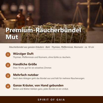 Übersicht zu Premium-Räucherbündel Mut: Würziger Duft, Handliche Größe, Mehrfach nutzbar, Ganze Kräuter, von Hand gebunden