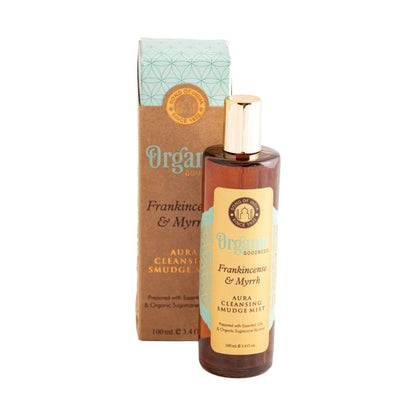 Aura Reinigungsspray Weihrauch und Myrrhe, 100 ml, Flasche und Schachtel freigestellt auf weißem Grund