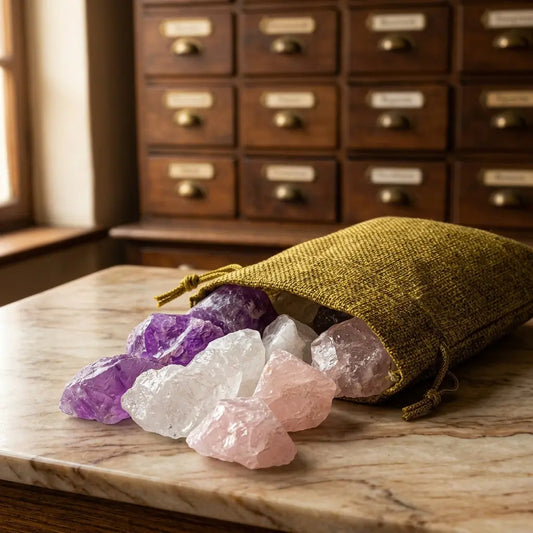 Wassersteine Grundmischung im Jutesäckchen mit Amethyst, Rosenquarz und Bergkristall, Rohsteine kullern aus dem offenen Säckchen – Spirit of Gaia