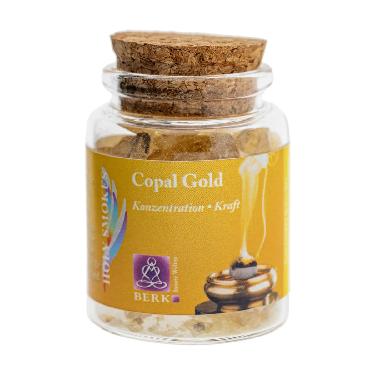 Copal Gold, reines Räucherharz von Berk, 60 ml im Korkglas: Korkglas mit gelbem Etikett, freigestellt auf Weiß