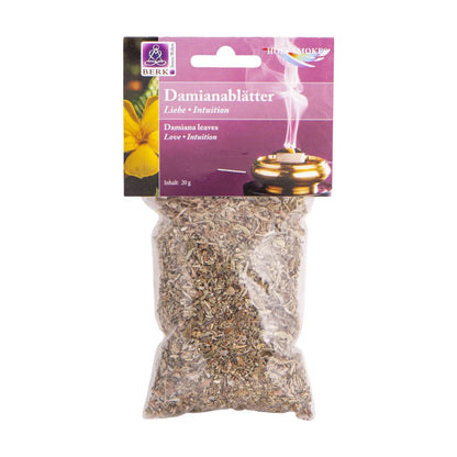 Damianablätter, sortenreines Räucherwerk von Berk, 20 g: Tüte mit violett-pinkem Kartonkopf, freigestellt auf Weiß