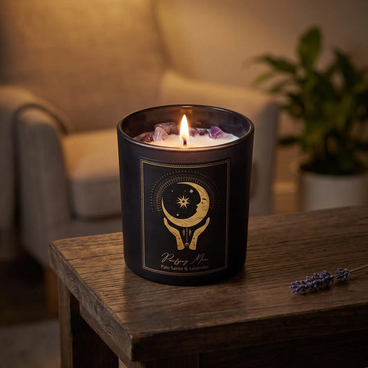 Manifestationskerze Purifying Moon mit Amethyst (Palo Santo & Lavendel): brennende Kerze im schwarzen Glas auf einem dunklen Holztisch im Wohnzimmer am Abend, daneben ein Lavendelzweig