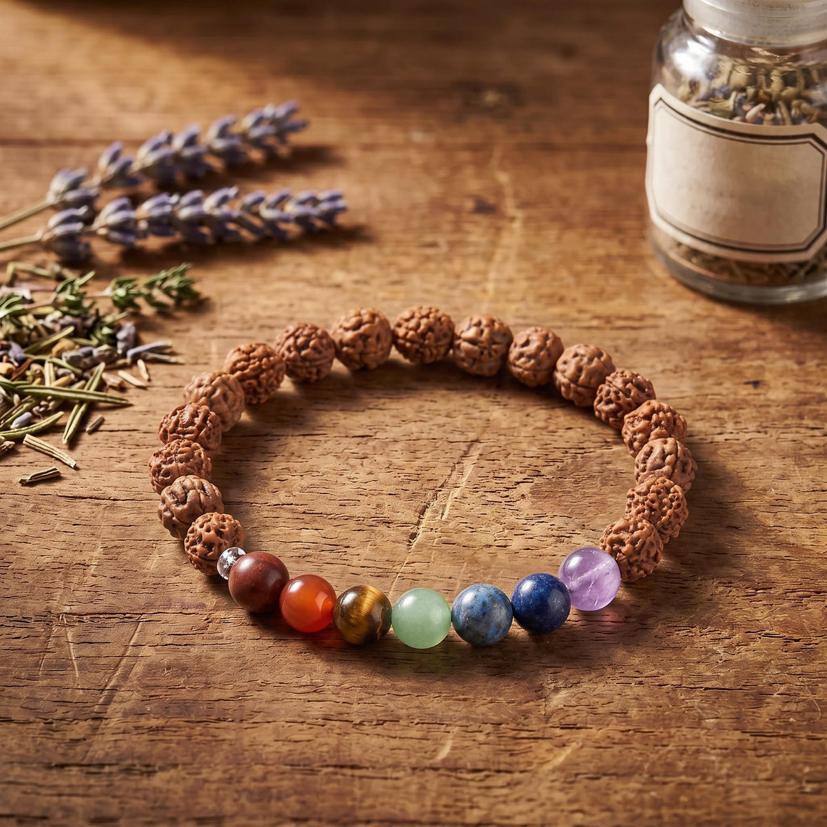 Chakra Rudraksha Armband auf einem Holztisch neben Lavendel und einem Glas mit getrockneten Kräutern