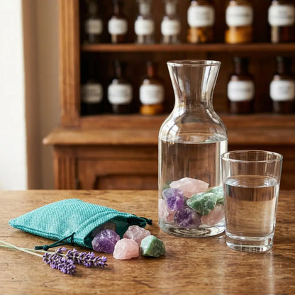 Wassersteine Entspannung im Jutesäckchen mit Glaskaraffe (Steine im Wasser) und Wasserglas – Amethyst, Rosenquarz und Aventurin – Spirit of Gaia