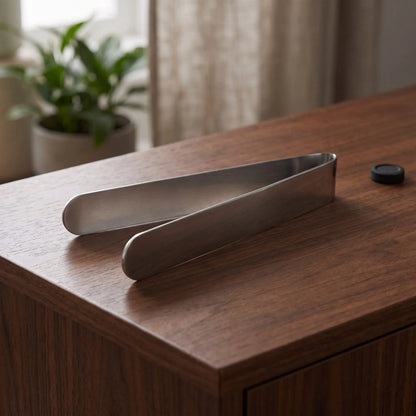 Räucherzange auf einem dunklen Holz-Sideboard im Wohnzimmer