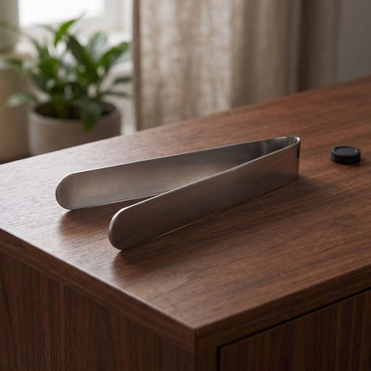 Räucherzange auf einem dunklen Holz-Sideboard im Wohnzimmer