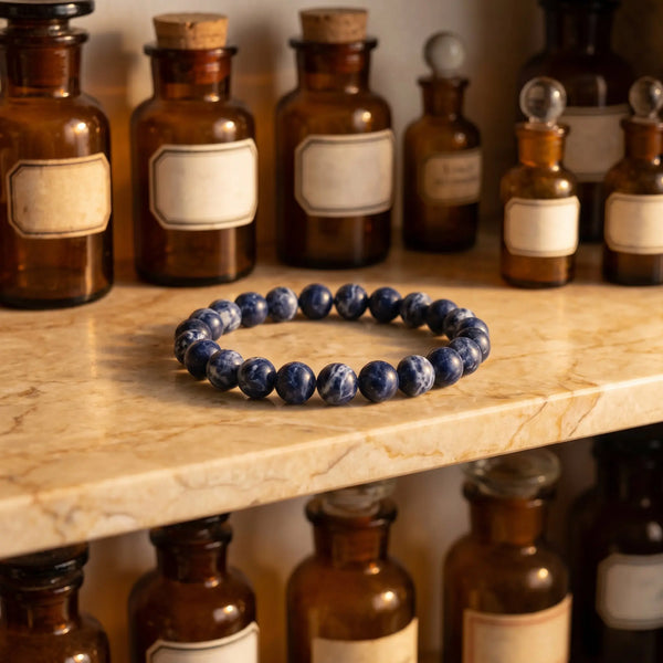 Sodalith Armband – blaues Edelstein-Kugelarmband (8 mm) auf Marmorablage im Apotheker-Stil