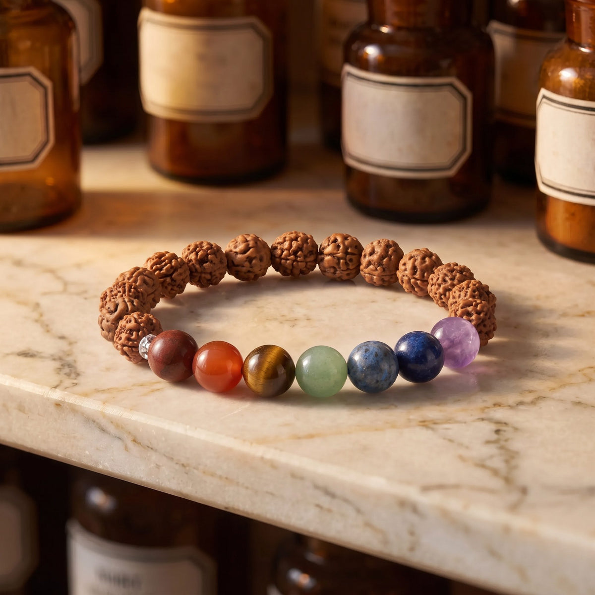 Chakra Rudraksha Armband von Berk auf einer Marmortheke vor braunen Glasflaschen: Rudraksha-Samen und sieben farbige Chakra-Steine